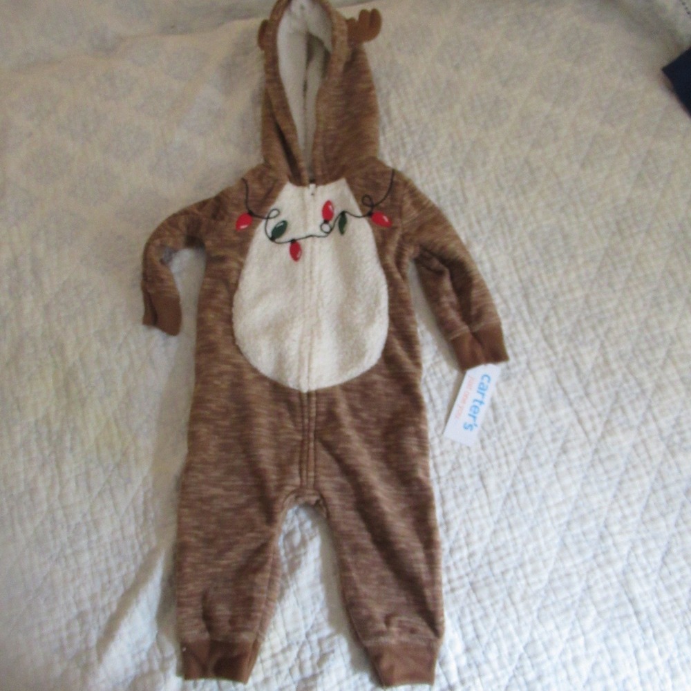 Carter's Reindeer Coverall Baby 6M Brown NEW Hooded Fleece Christmas Jumper xmas